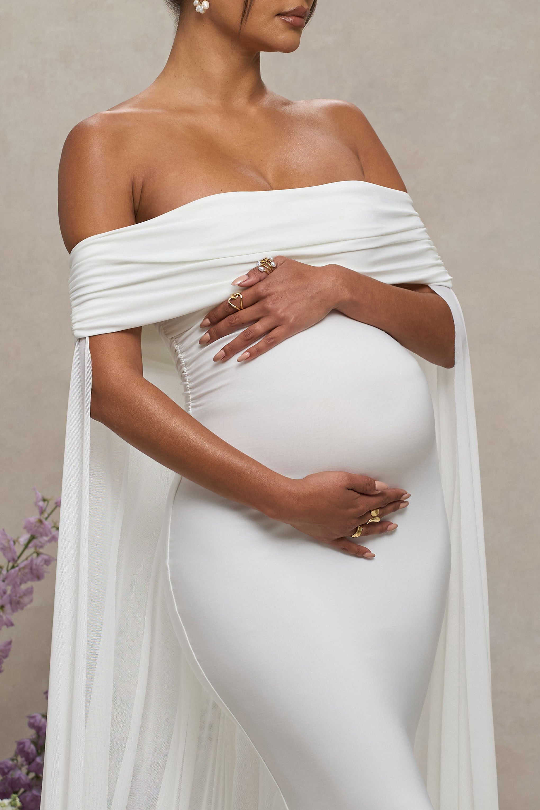 Carlotta White Bardot Maternity Maxi Dress With Chiffon Cape – detail shot