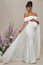Carlotta White Bardot Maternity Maxi Dress With Chiffon Cape – side view