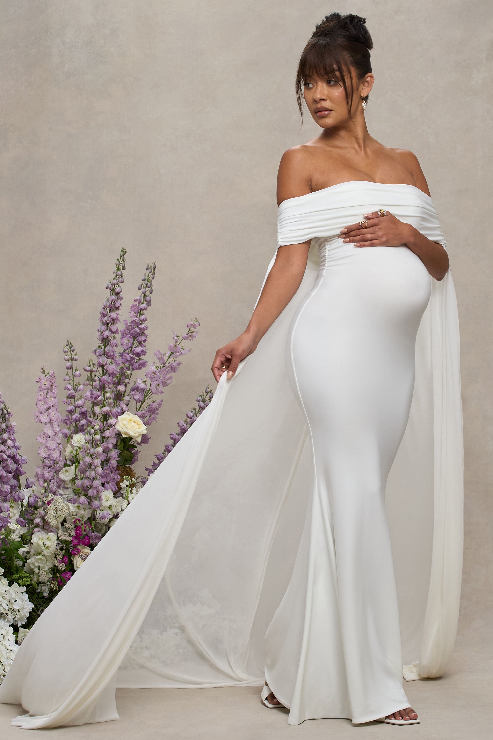Carlotta White Bardot Maternity Maxi Dress With Chiffon Cape – side view