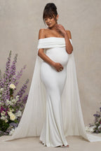 Carlotta White Bardot Maternity Maxi Dress With Chiffon Cape – back view