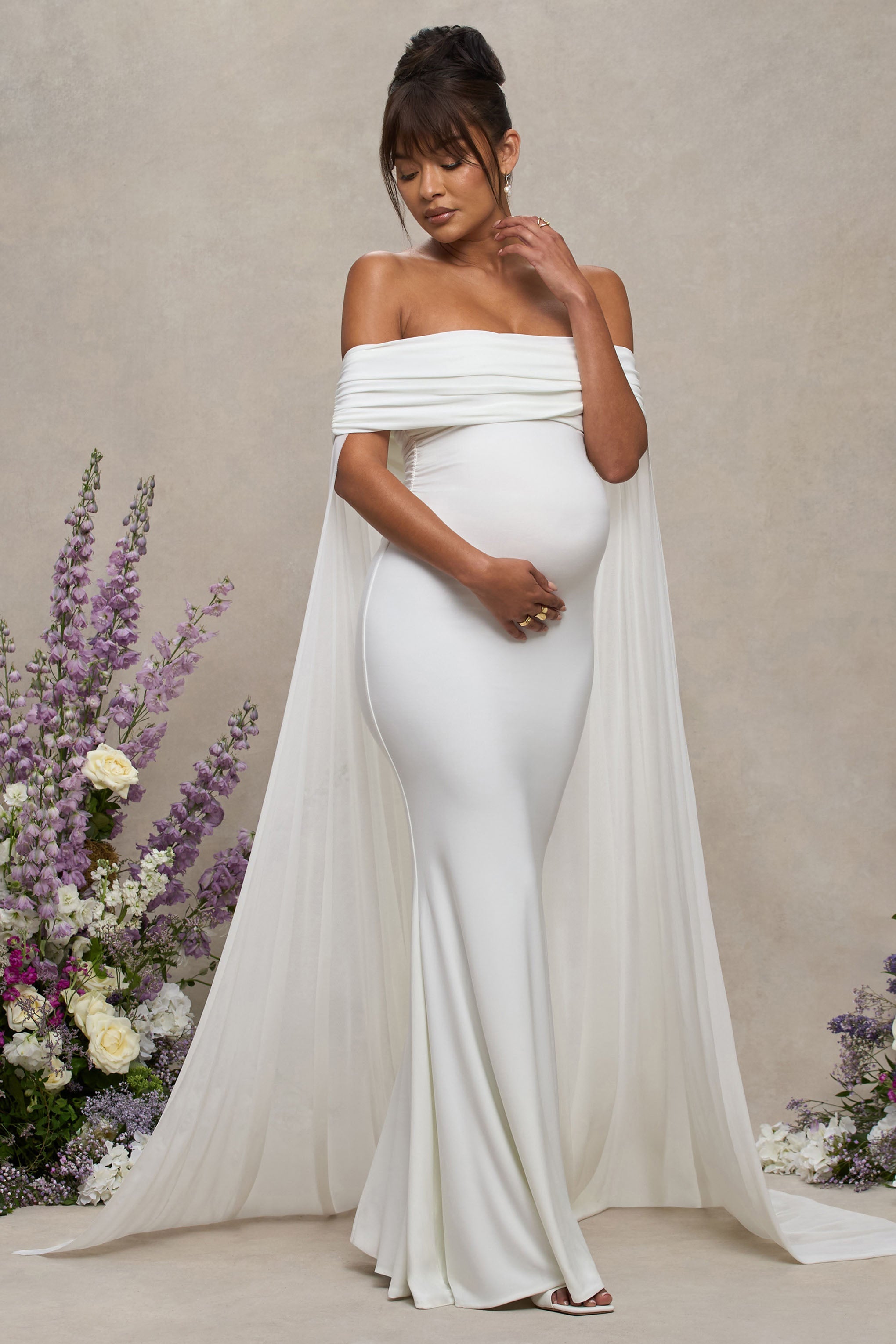 Carlotta White Bardot Maternity Maxi Dress With Chiffon Cape – back view
