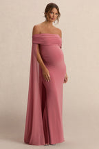 Carlotta Blush Pink Bardot Maternity Maxi Dress With Chiffon Cape – back view