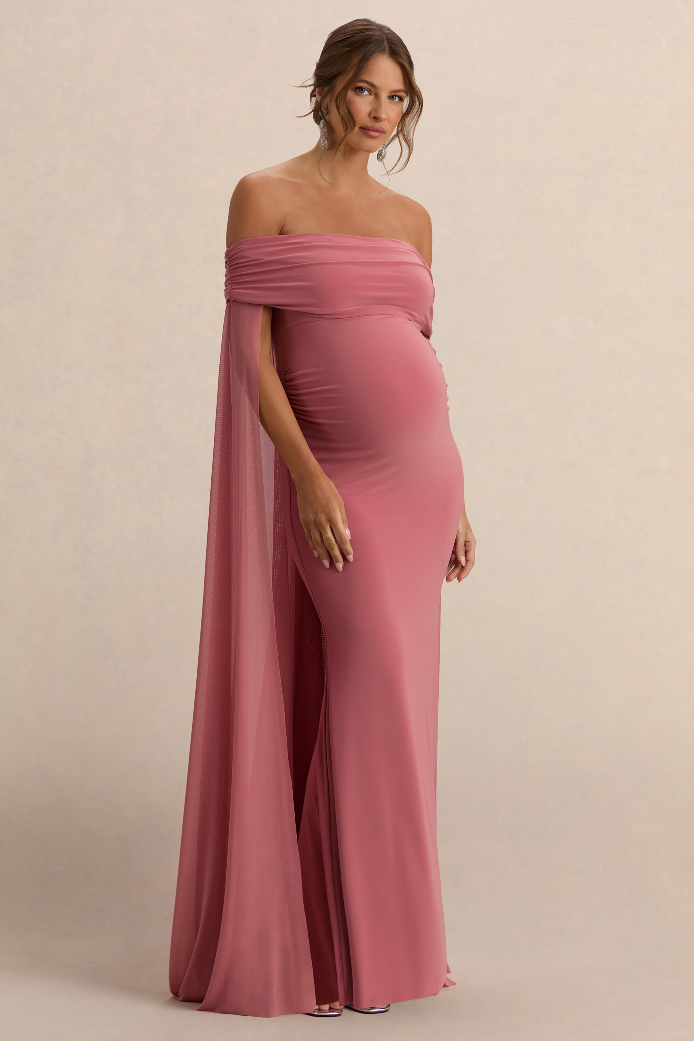 Carlotta Blush Pink Bardot Maternity Maxi Dress With Chiffon Cape – back view