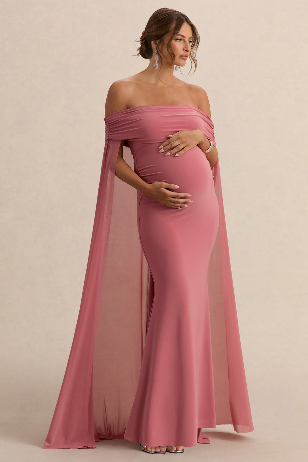 Carlotta Blush Pink Bardot Maternity Maxi Dress With Chiffon Cape – front view