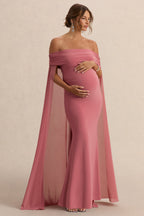 Carlotta Blush Pink Bardot Maternity Maxi Dress With Chiffon Cape – front view