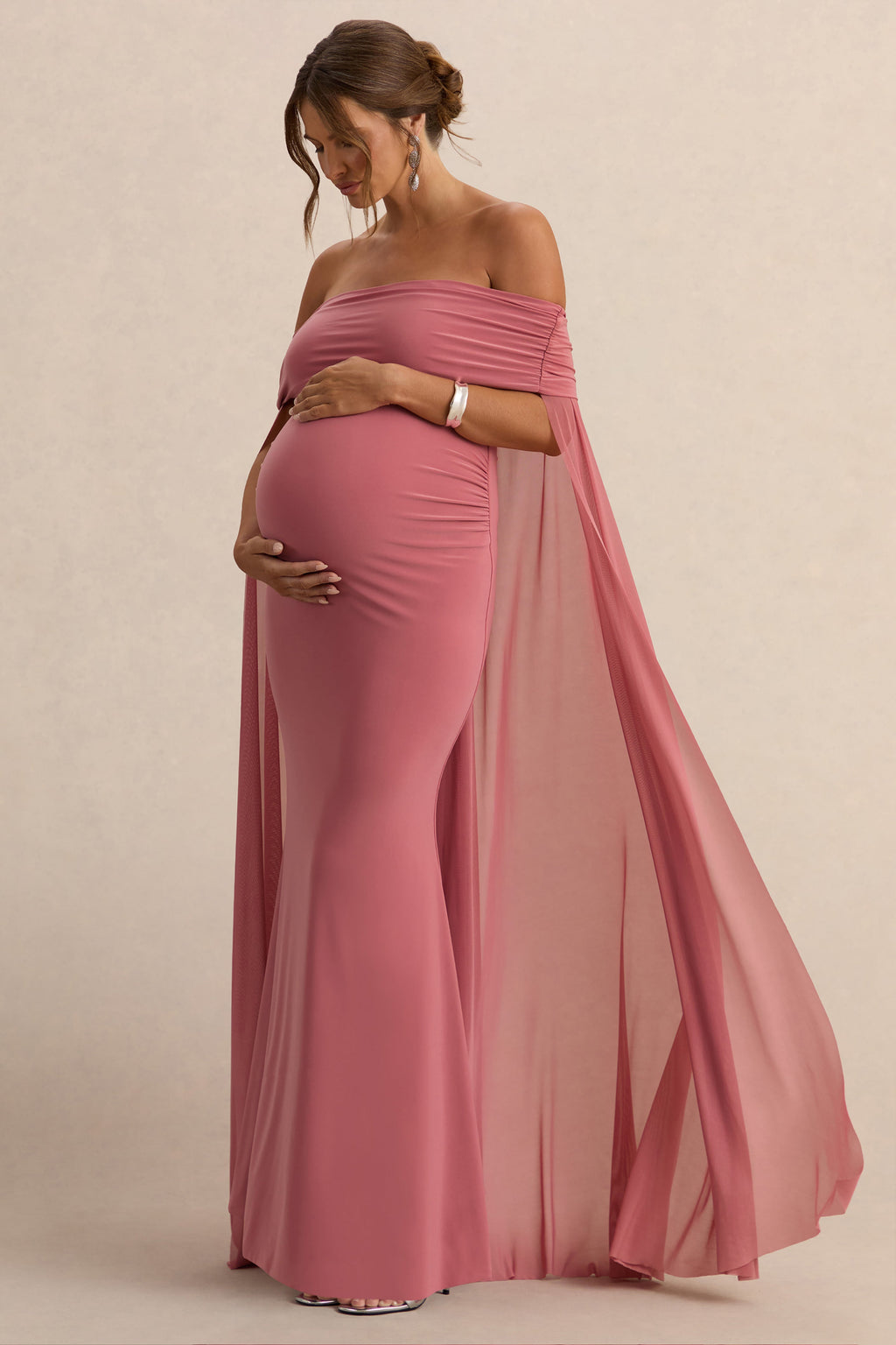 Carlotta Blush Pink Bardot Maternity Maxi Dress With Chiffon Cape – side view