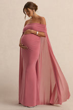 Carlotta Blush Pink Bardot Maternity Maxi Dress With Chiffon Cape – side view