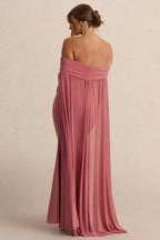 Carlotta Blush Pink Bardot Maternity Maxi Dress With Chiffon Cape – lifestyle photo