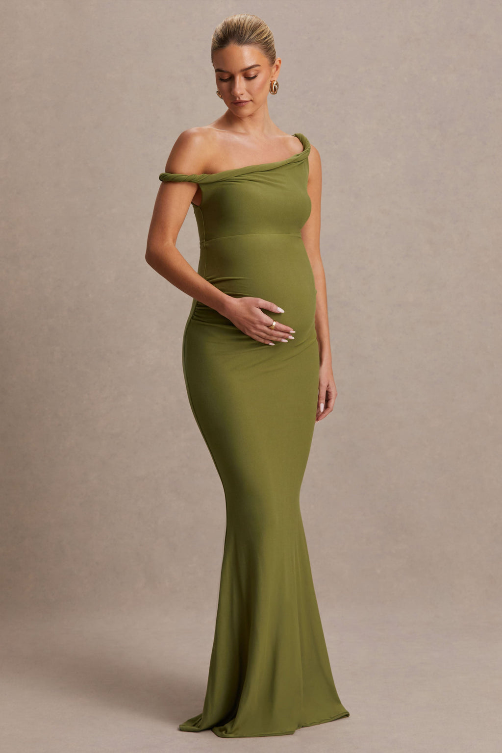 Lita Olive Twisted Asymmetric Maternity Maxi Dress – front view