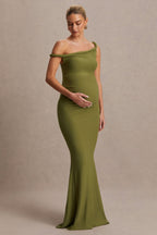 Lita Olive Twisted Asymmetric Maternity Maxi Dress – front view