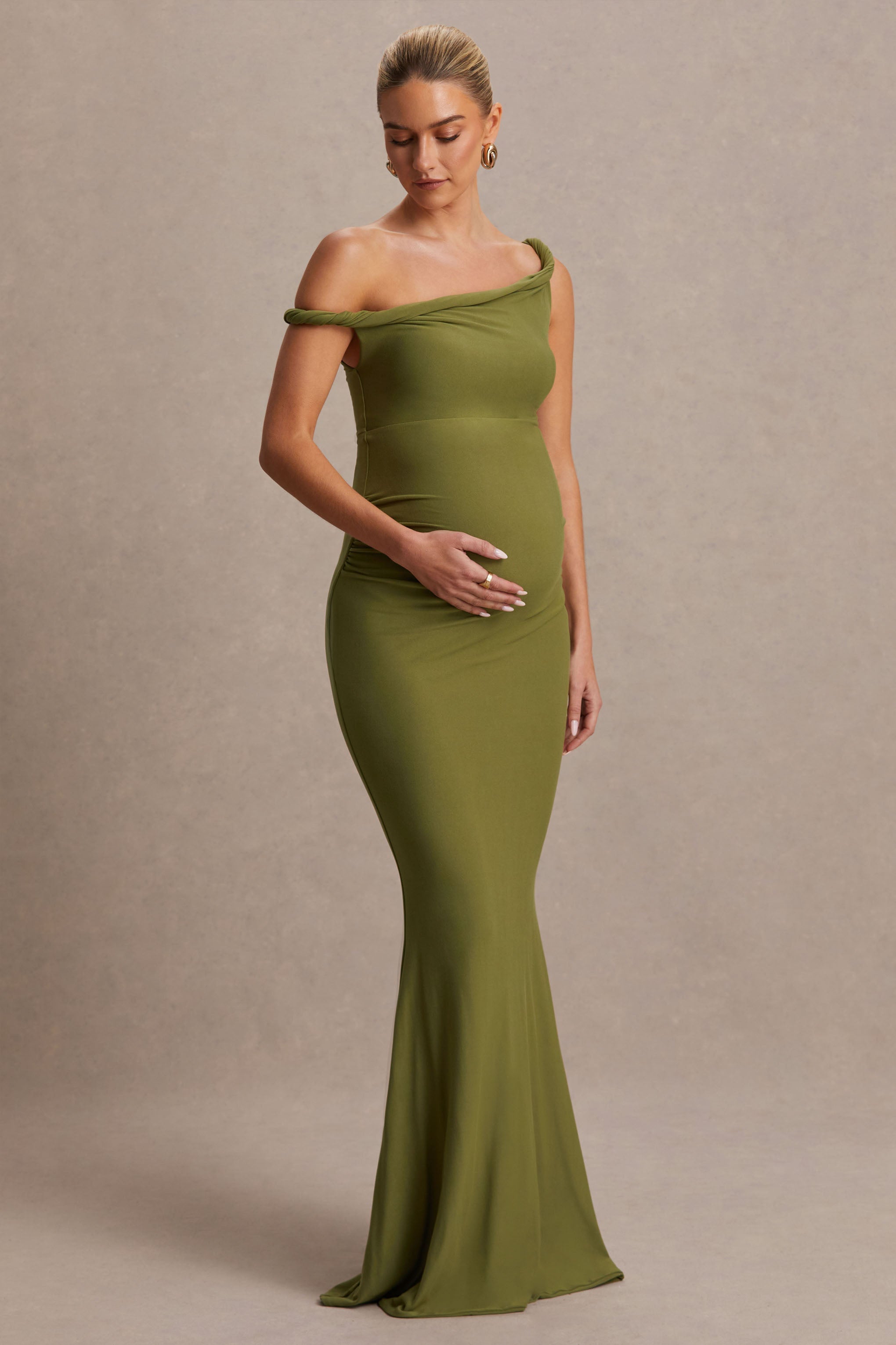 Lita Olive Twisted Asymmetric Maternity Maxi Dress – front view