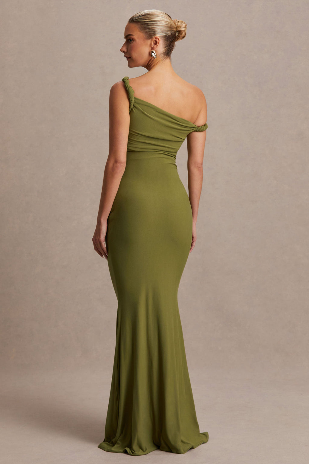 Lita Olive Twisted Asymmetric Maternity Maxi Dress – detail shot