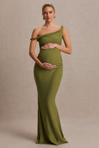 Lita Olive Twisted Asymmetric Maternity Maxi Dress – side view