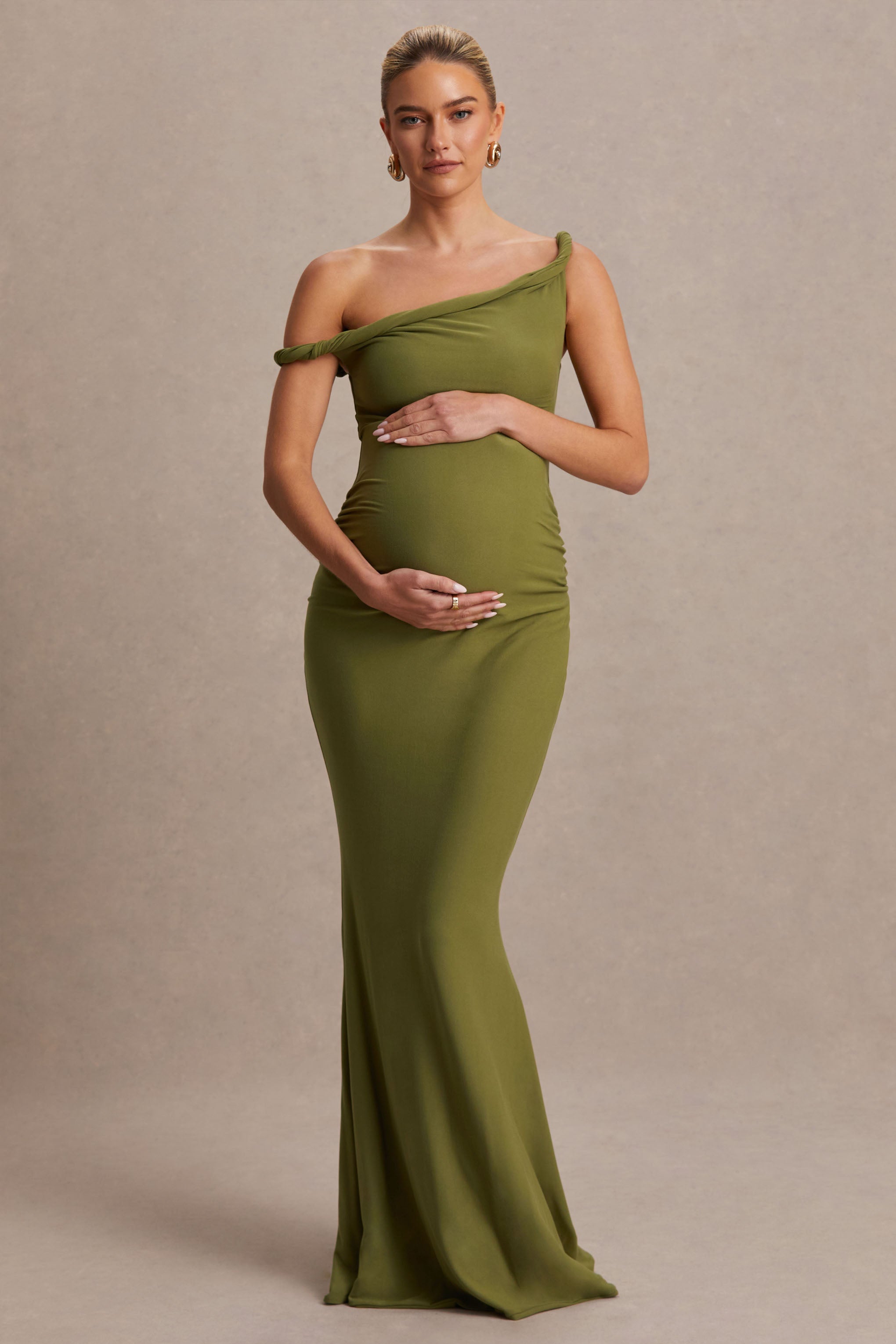 Lita Olive Twisted Asymmetric Maternity Maxi Dress – side view