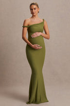 Lita Olive Twisted Asymmetric Maternity Maxi Dress – back view