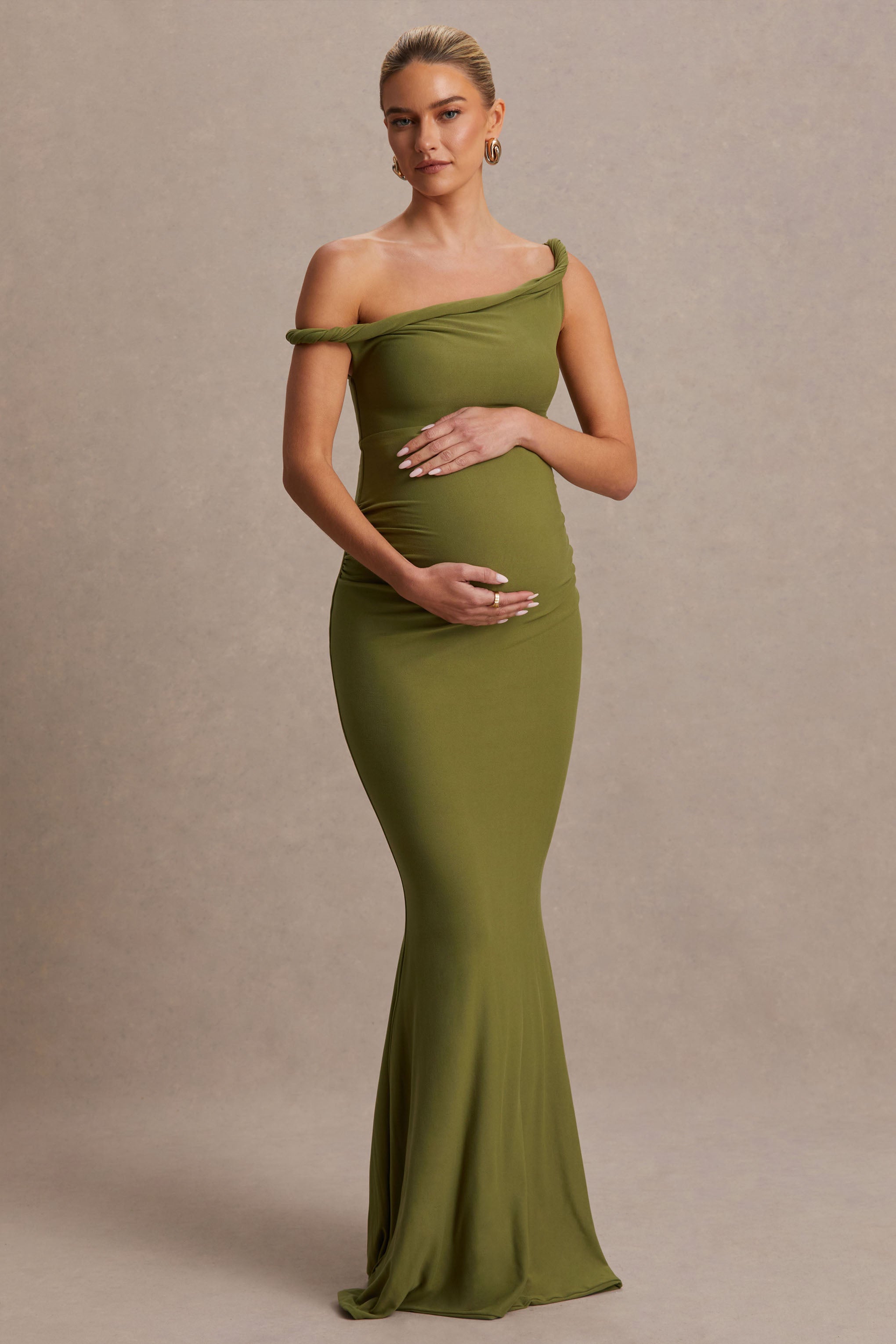 Lita Olive Twisted Asymmetric Maternity Maxi Dress – back view