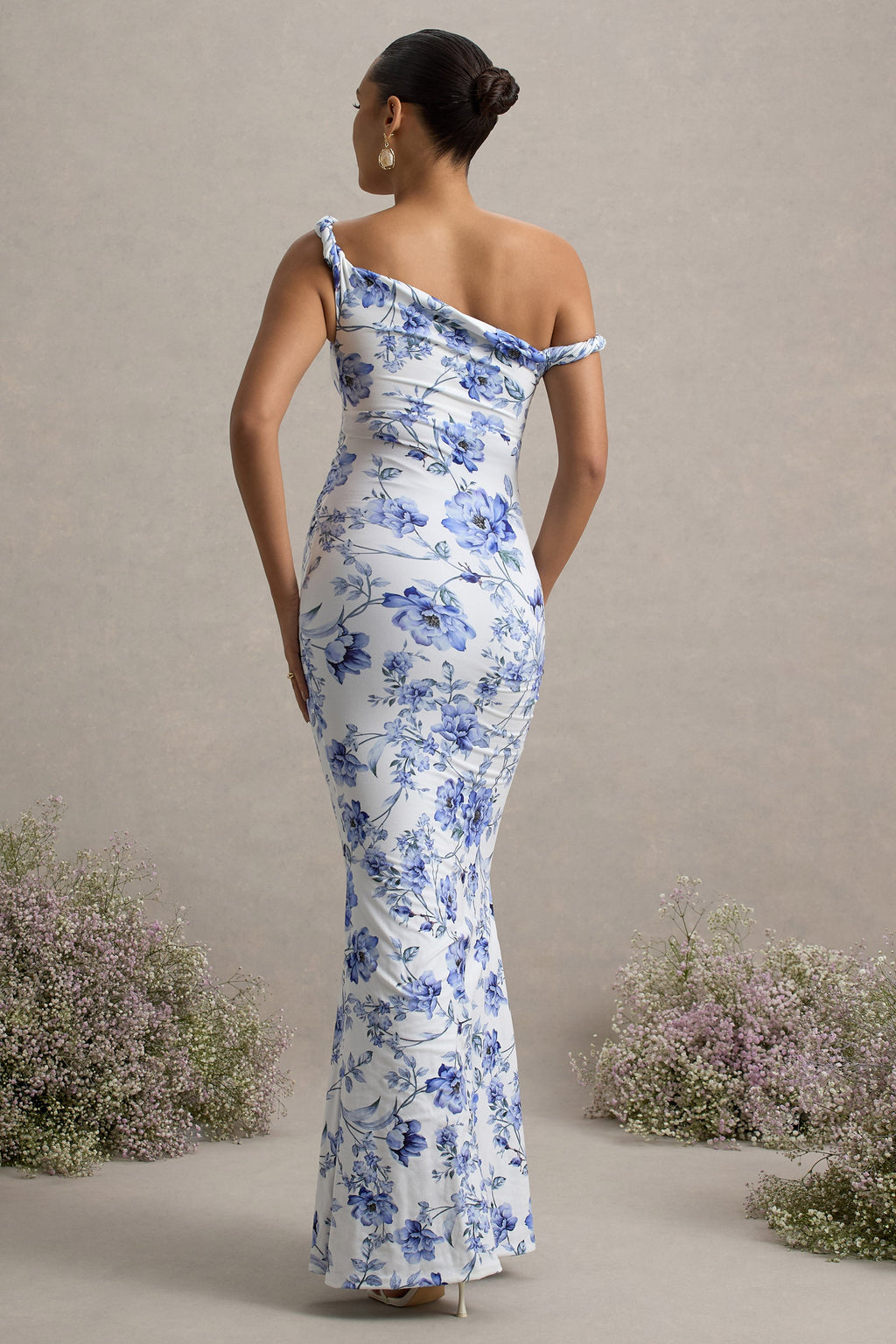Lita Blue Floral Print Twisted Asymmetric Maternity Maxi Dress – lifestyle photo