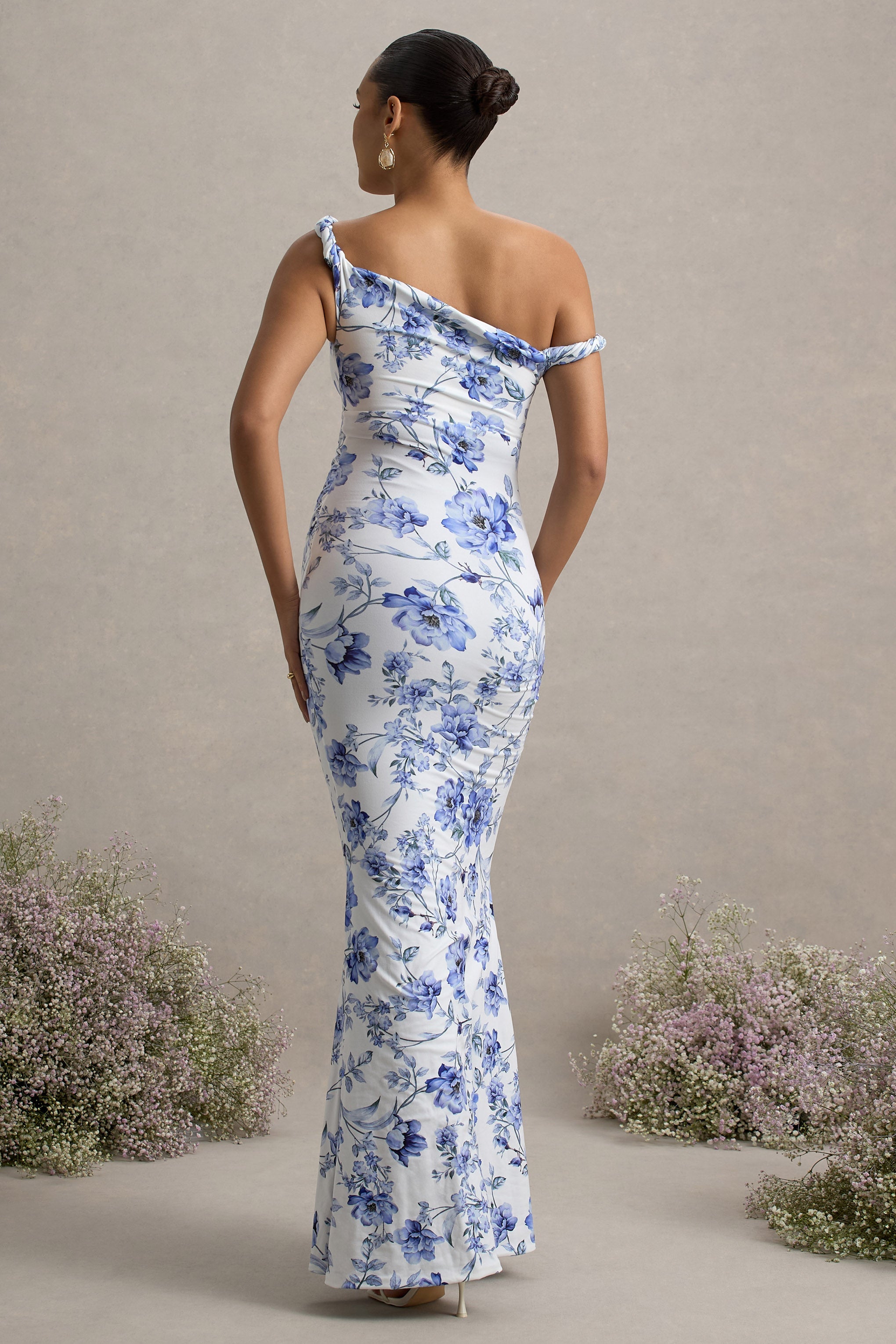 Lita Blue Floral Print Twisted Asymmetric Maternity Maxi Dress – lifestyle photo