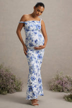 Lita Blue Floral Print Twisted Asymmetric Maternity Maxi Dress – detail shot