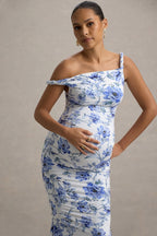 Lita Blue Floral Print Twisted Asymmetric Maternity Maxi Dress – side view