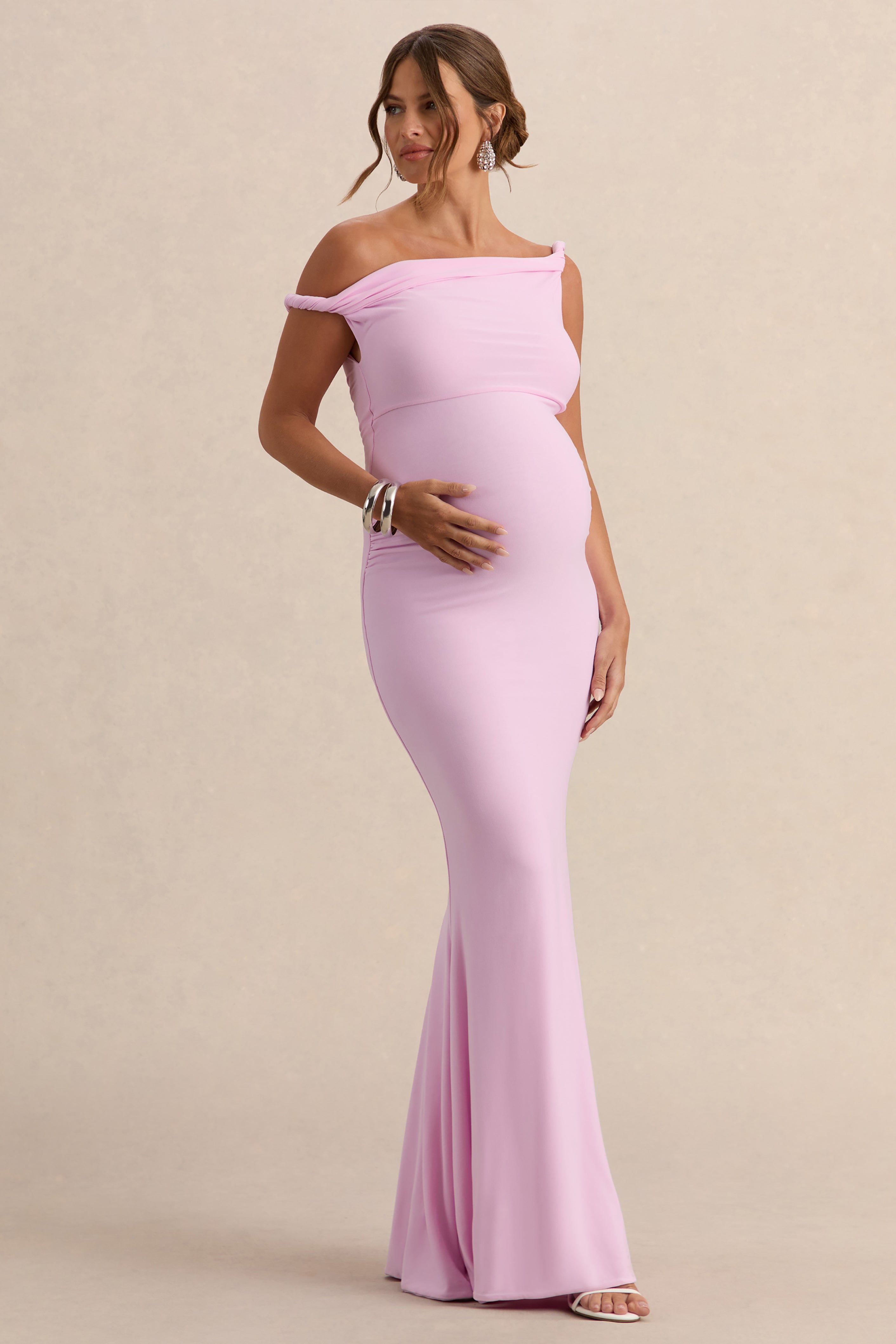 Lita Pink Twisted Asymmetric Maternity Maxi Dress – side view