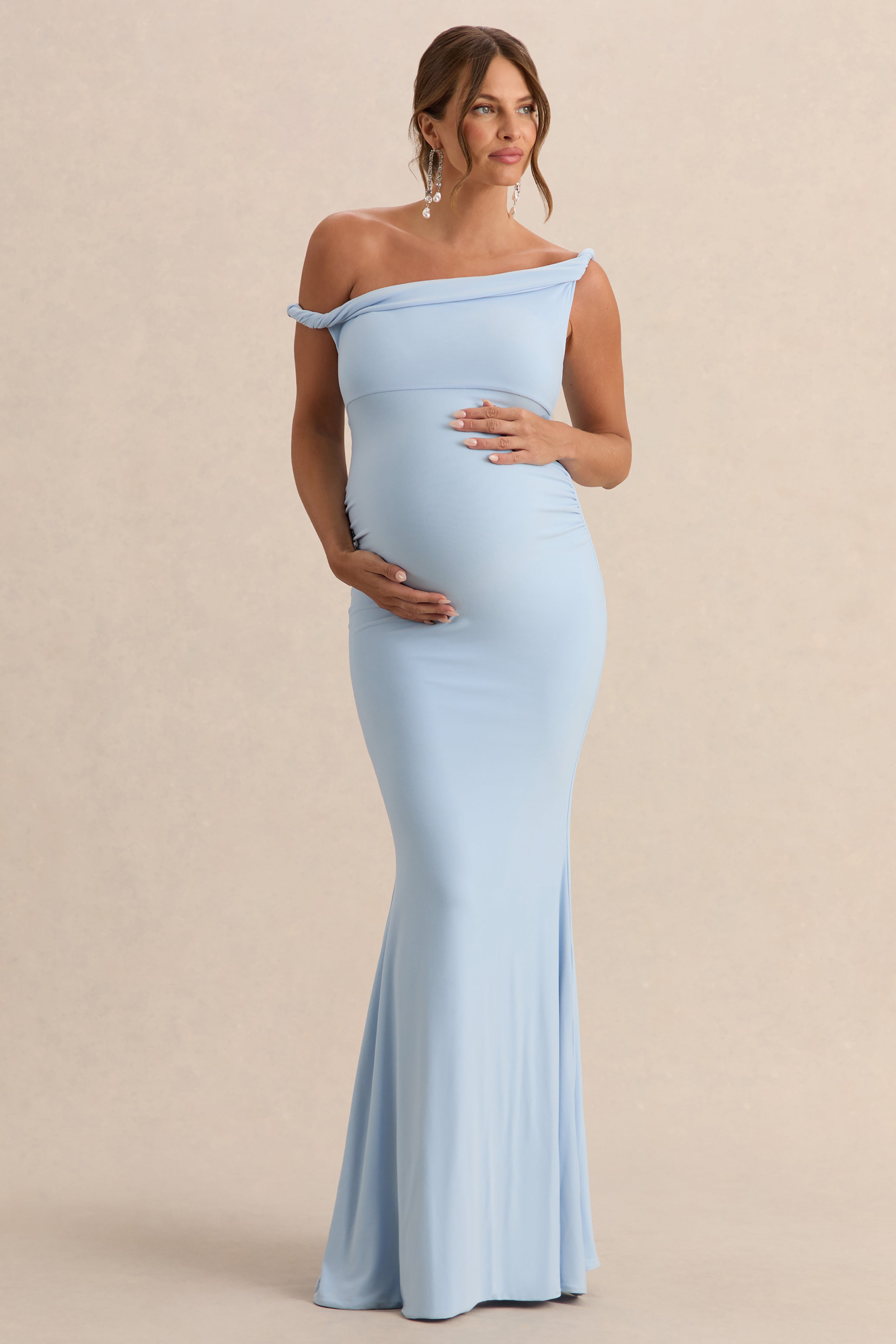 Lita Powder Blue Twisted Asymmetric Maternity Maxi Dress – front view