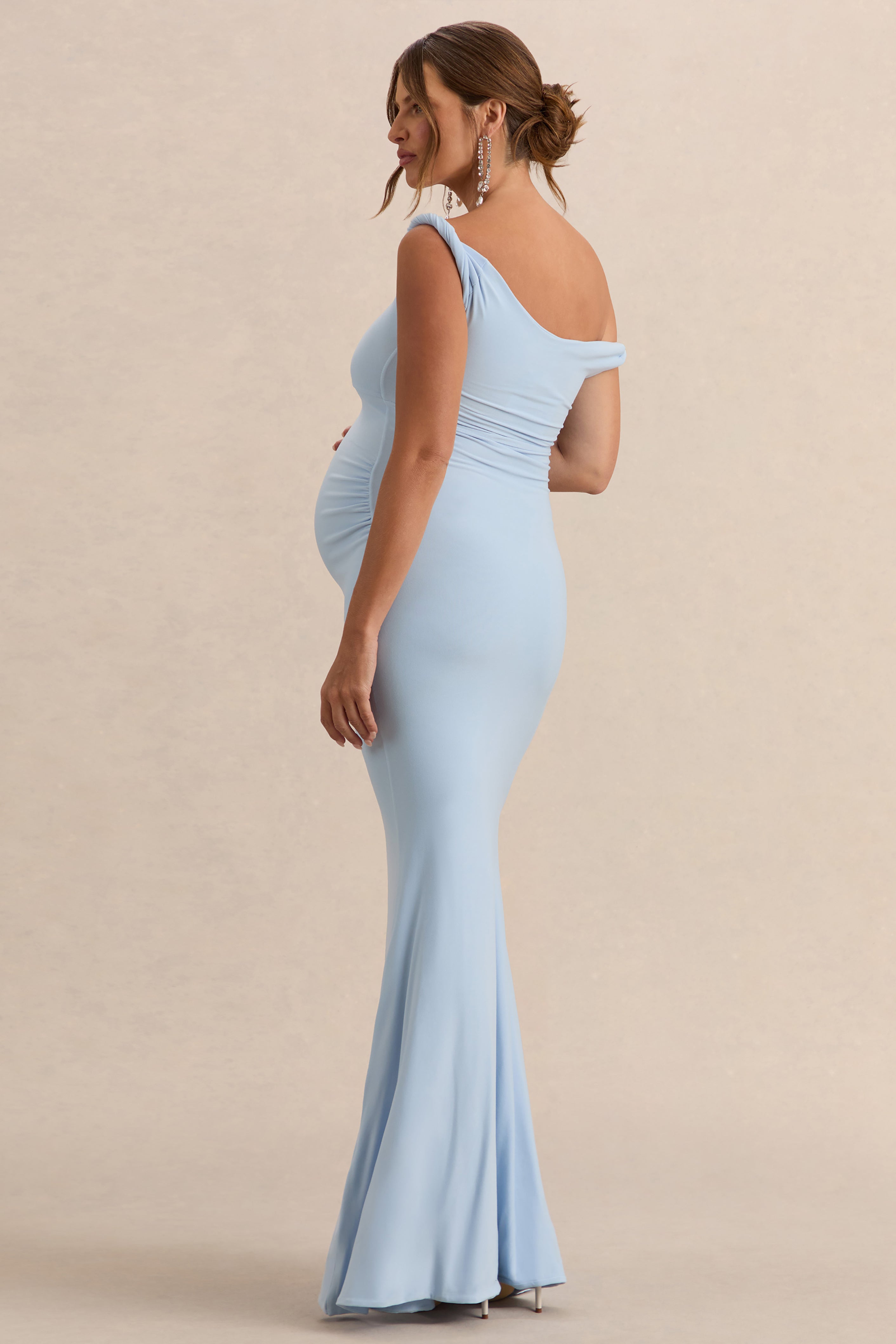 Lita Powder Blue Twisted Asymmetric Maternity Maxi Dress – lifestyle photo