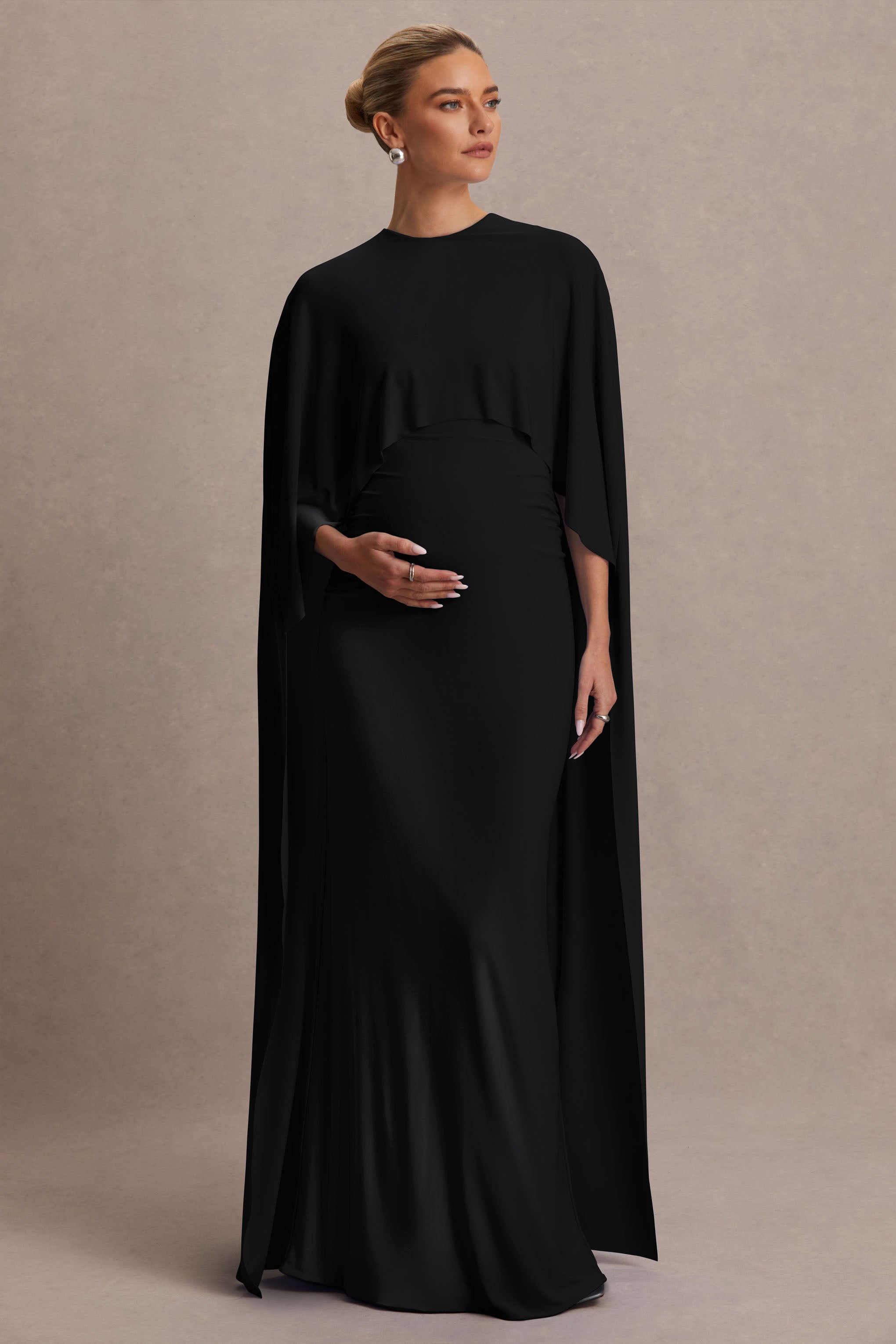 Driftly | Padma Black Draped Maternity Maxi Dress With Cape Sleeves