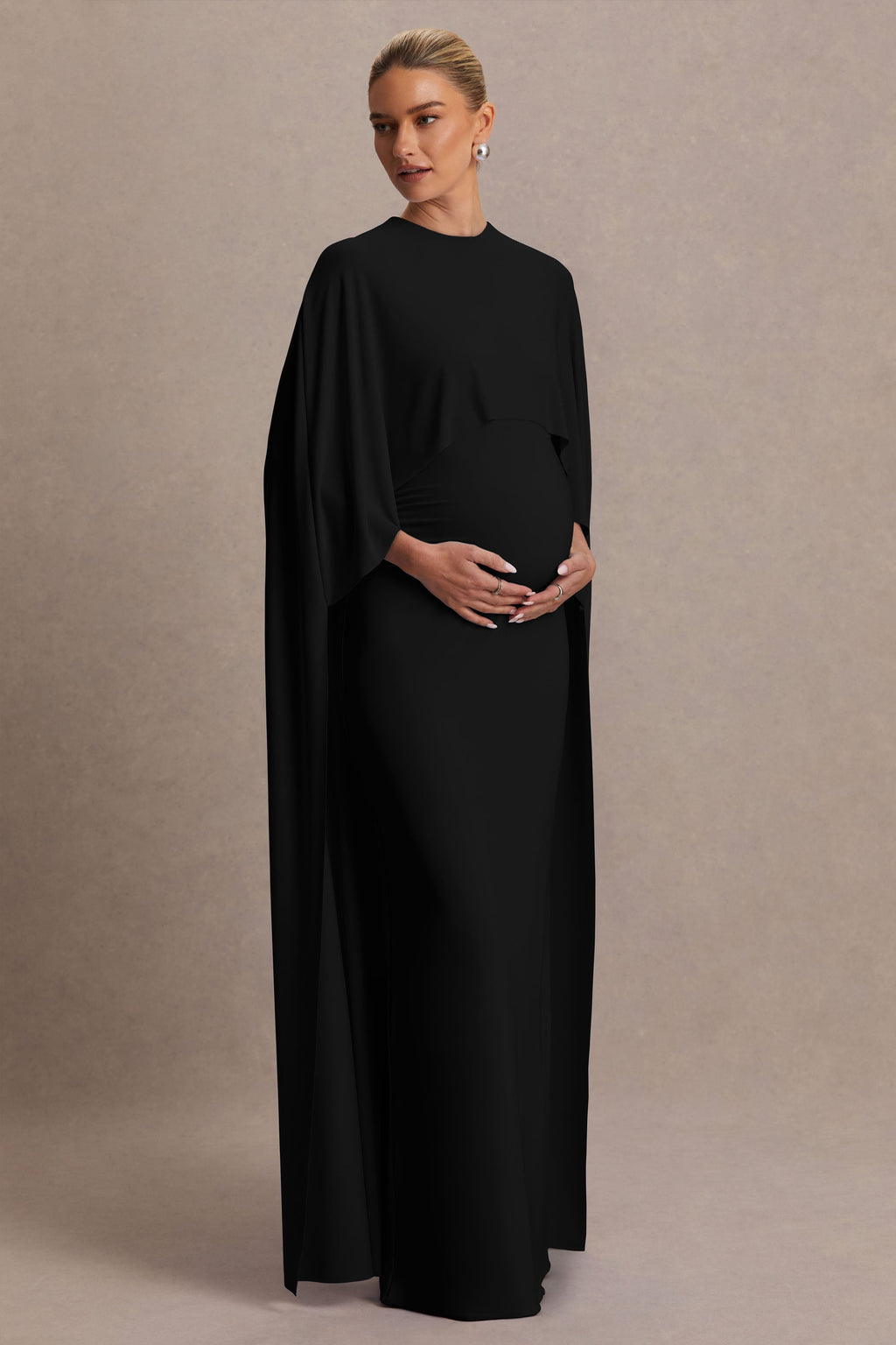 Driftly | Padma Black Draped Maternity Maxi Dress With Cape Sleeves
