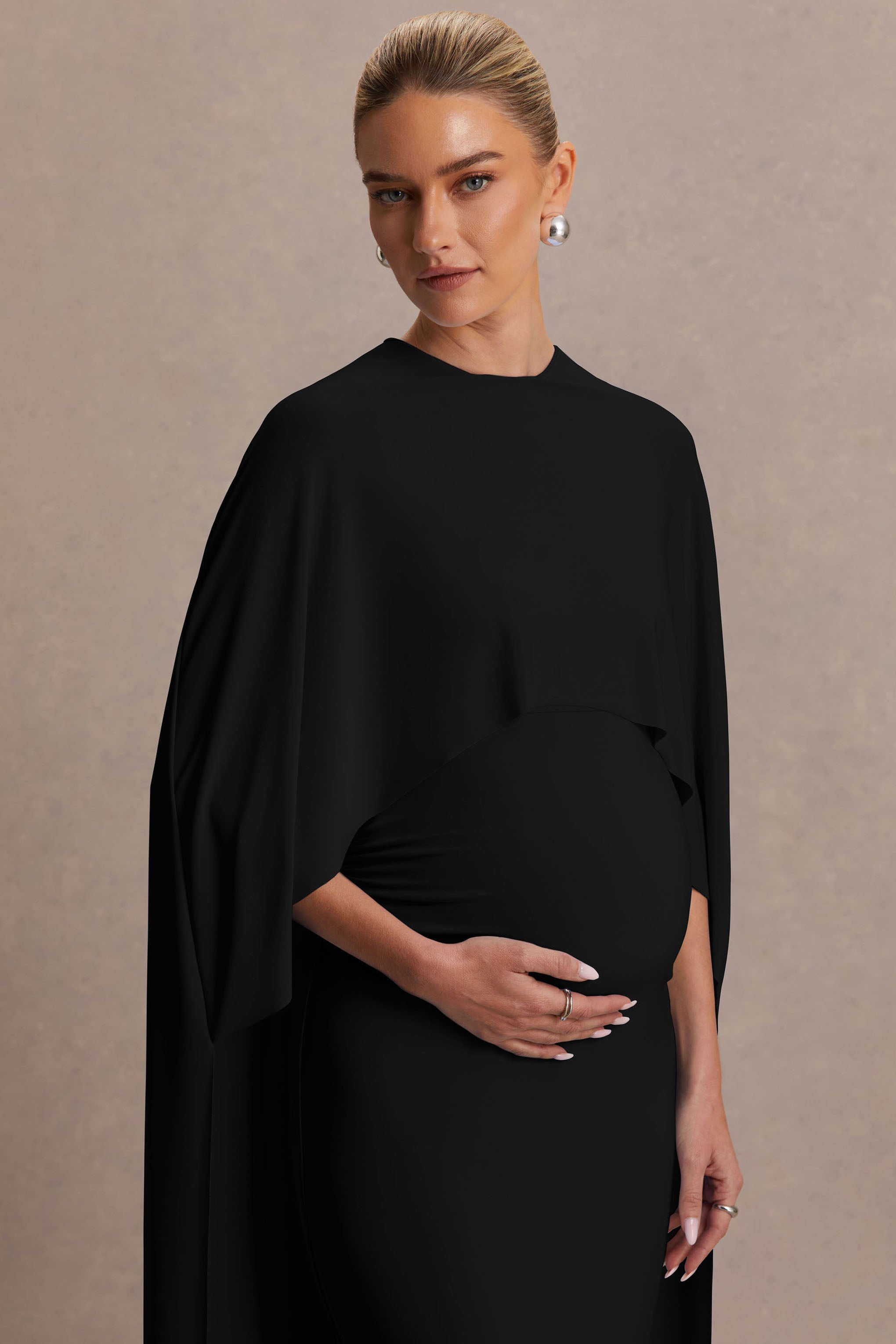 Padma Black Draped Maternity Maxi Dress With Cape Sleeves – second lifestyle photo