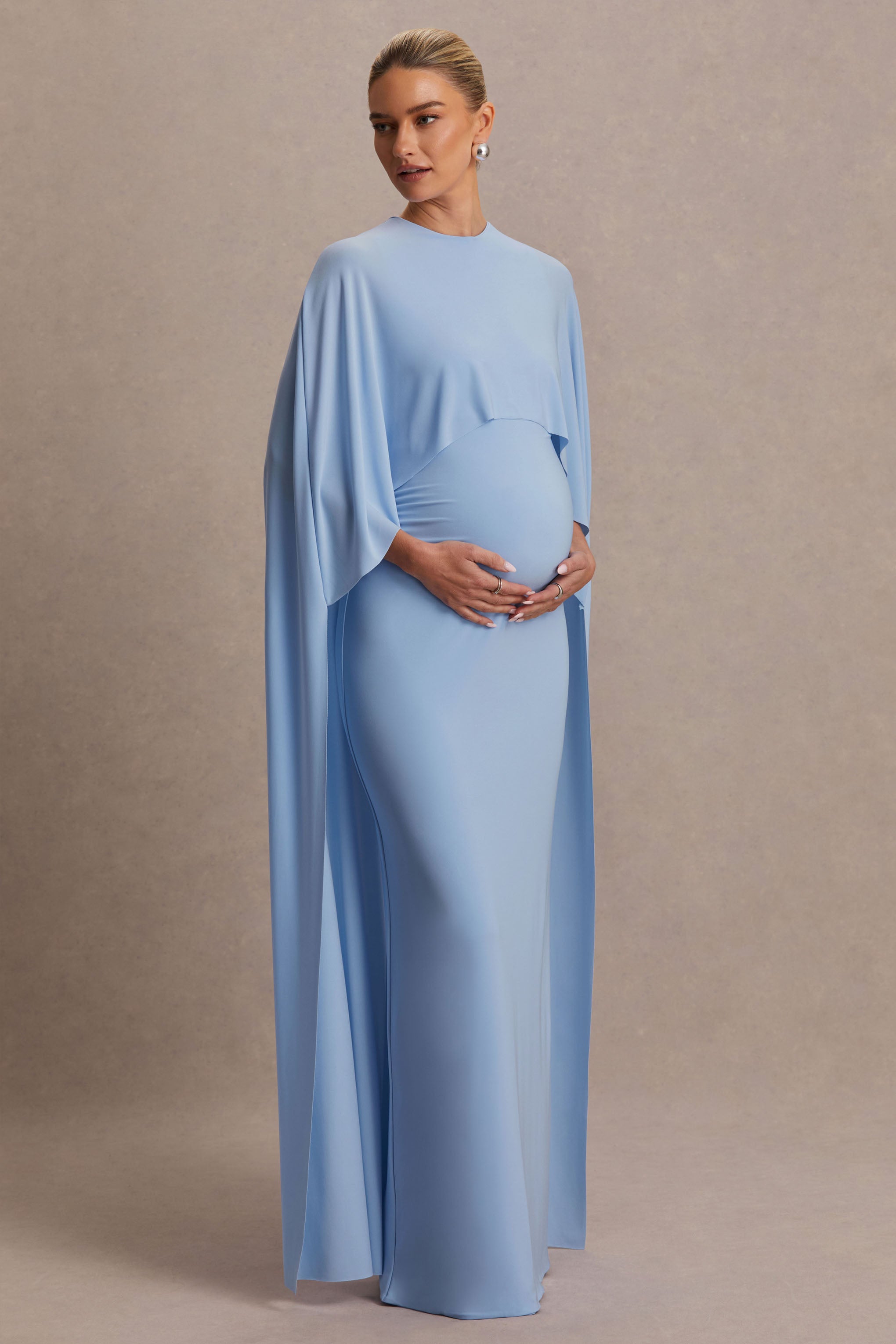 Padma Powder Blue Draped Maternity Maxi Dress With Cape Sleeves – front view