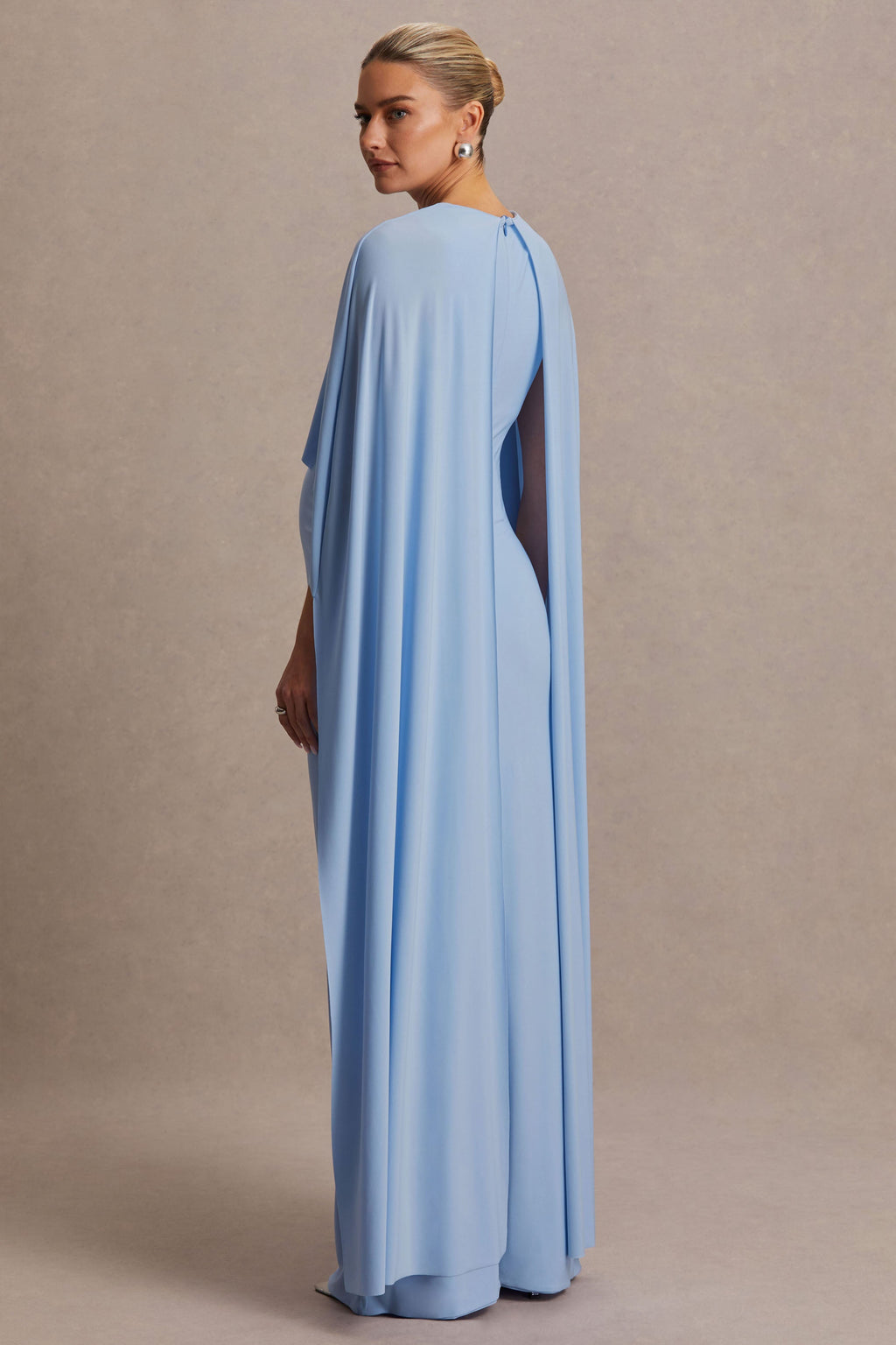 Padma Powder Blue Draped Maternity Maxi Dress With Cape Sleeves – lifestyle photo