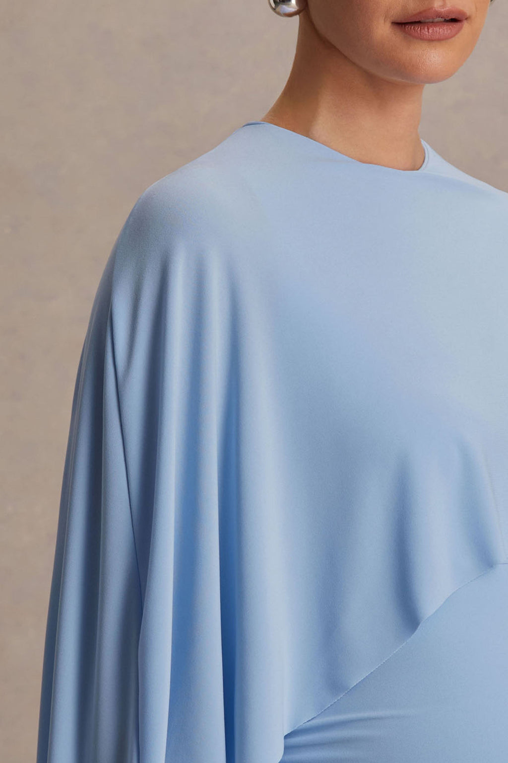 Padma Powder Blue Draped Maternity Maxi Dress With Cape Sleeves – detail shot