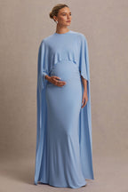 Padma Powder Blue Draped Maternity Maxi Dress With Cape Sleeves – side view