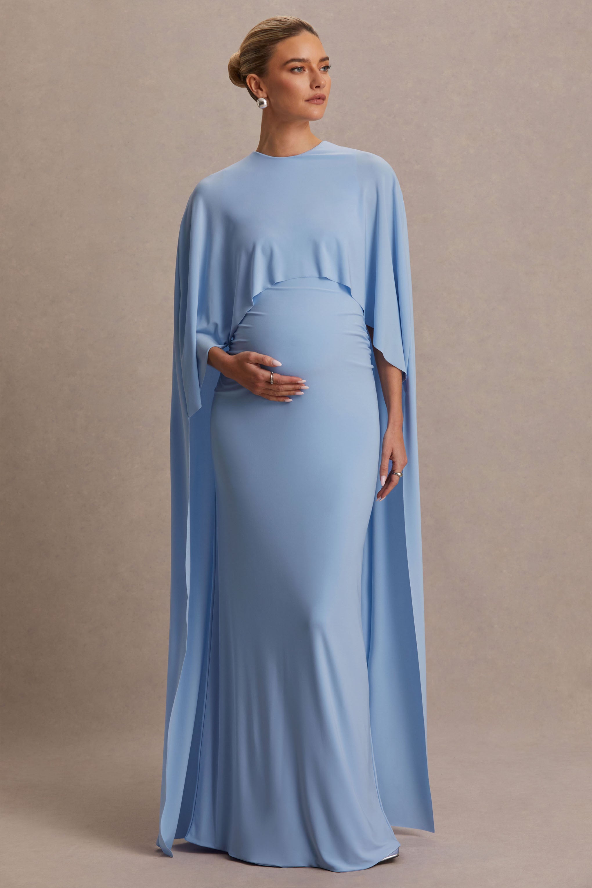 Padma Powder Blue Draped Maternity Maxi Dress With Cape Sleeves – side view