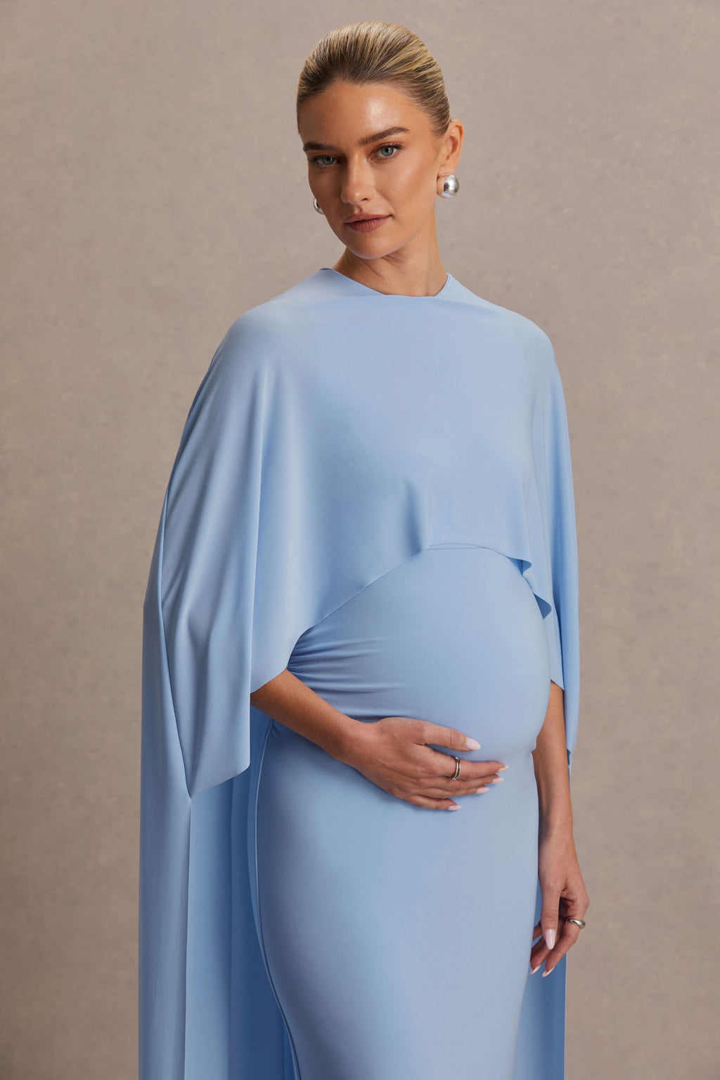 Padma Powder Blue Draped Maternity Maxi Dress With Cape Sleeves – second lifestyle photo