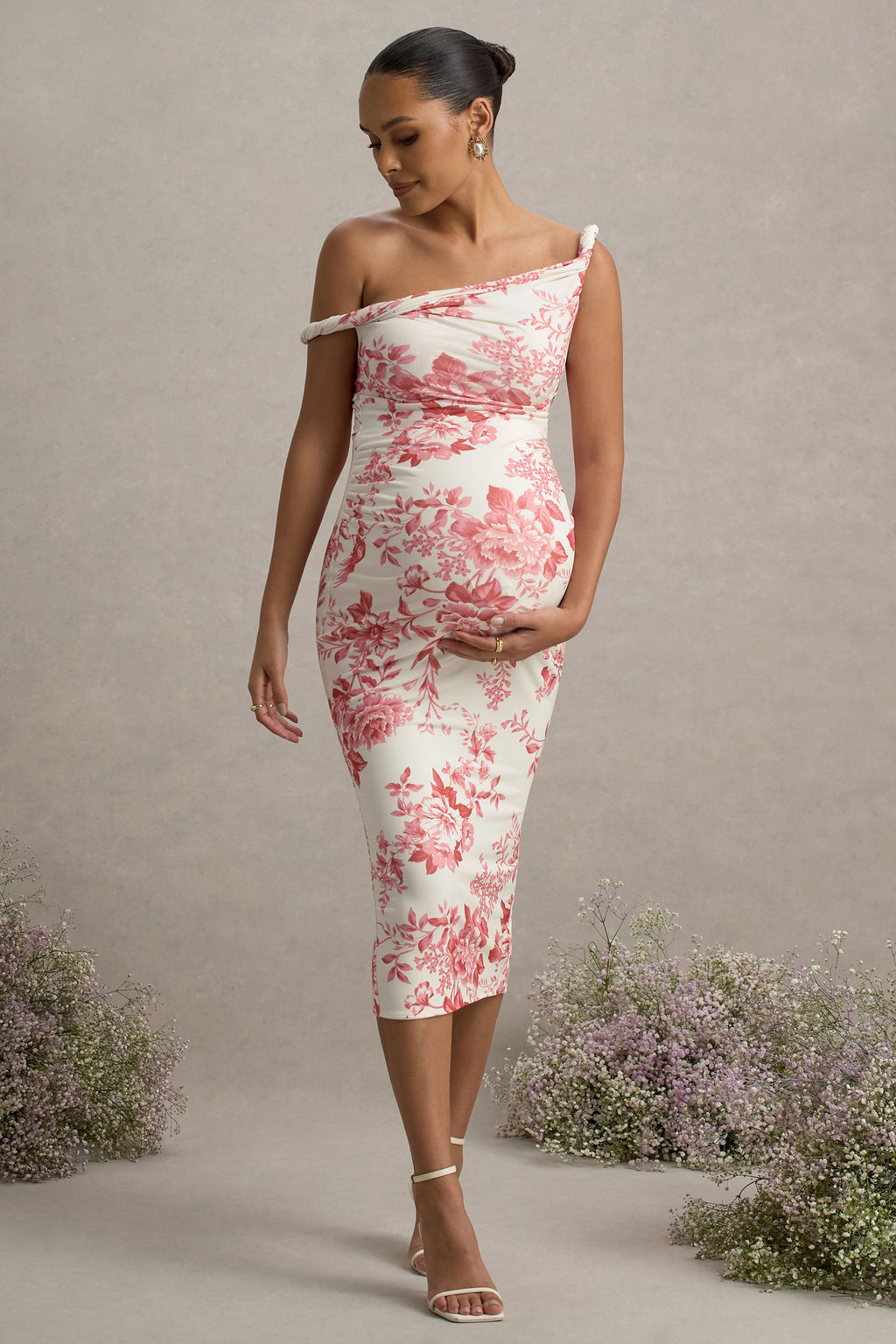 Salome Pink Floral Print Twisted Asymmetric Maternity Midi Dress – front view