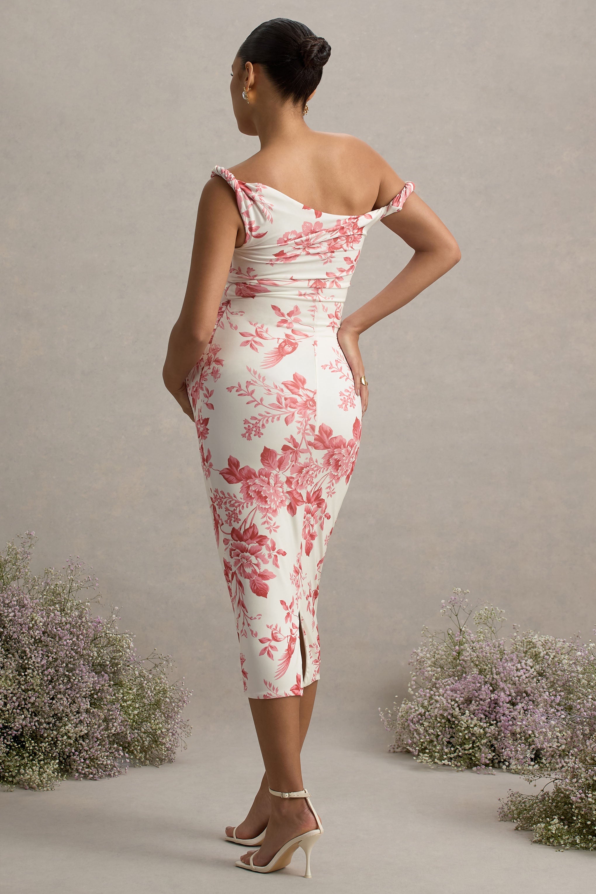 Salome Pink Floral Print Twisted Asymmetric Maternity Midi Dress – lifestyle photo
