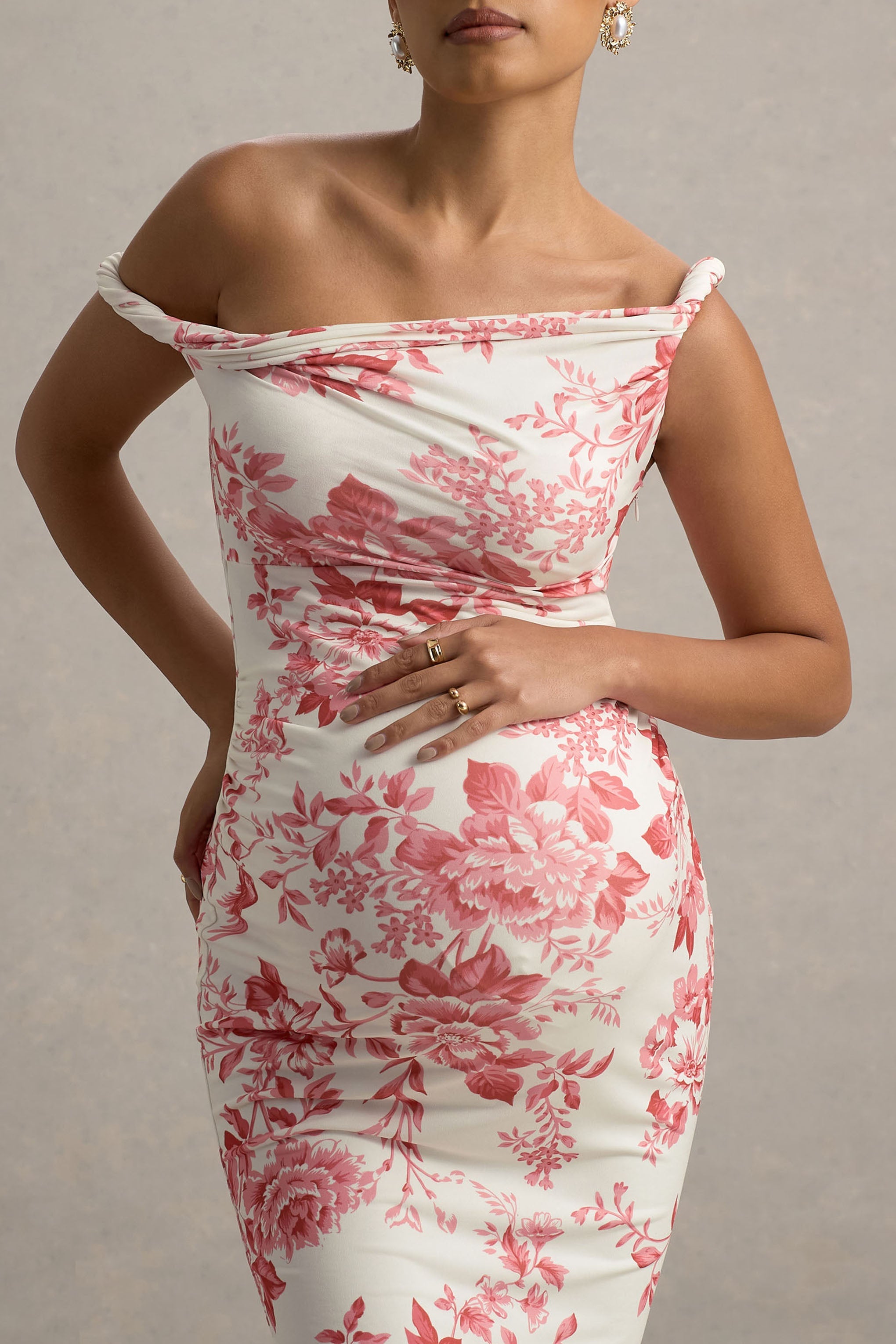 Salome Pink Floral Print Twisted Asymmetric Maternity Midi Dress – detail shot