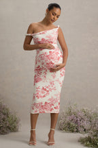 Salome Pink Floral Print Twisted Asymmetric Maternity Midi Dress – back view