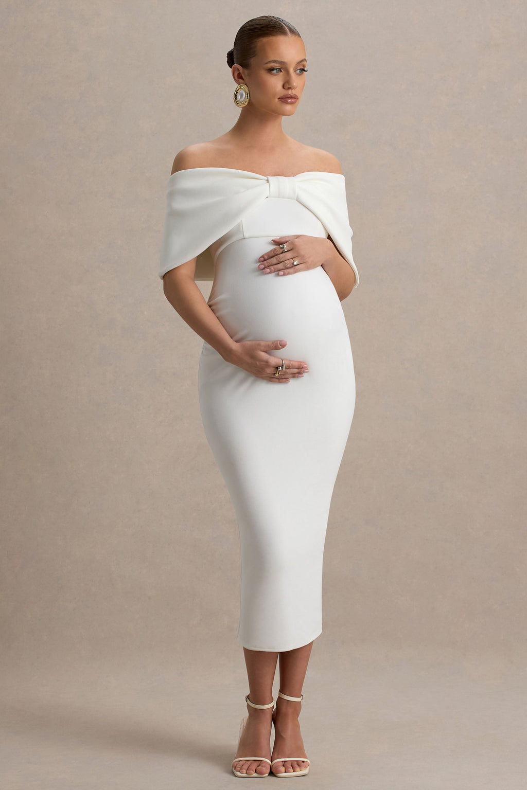 Droplet White Bow Bardot Maternity Midi Dress – front view