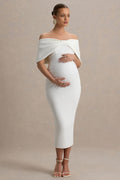 Droplet White Bow Bardot Maternity Midi Dress – front view