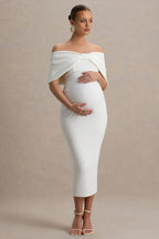 Droplet White Bow Bardot Maternity Midi Dress – front view