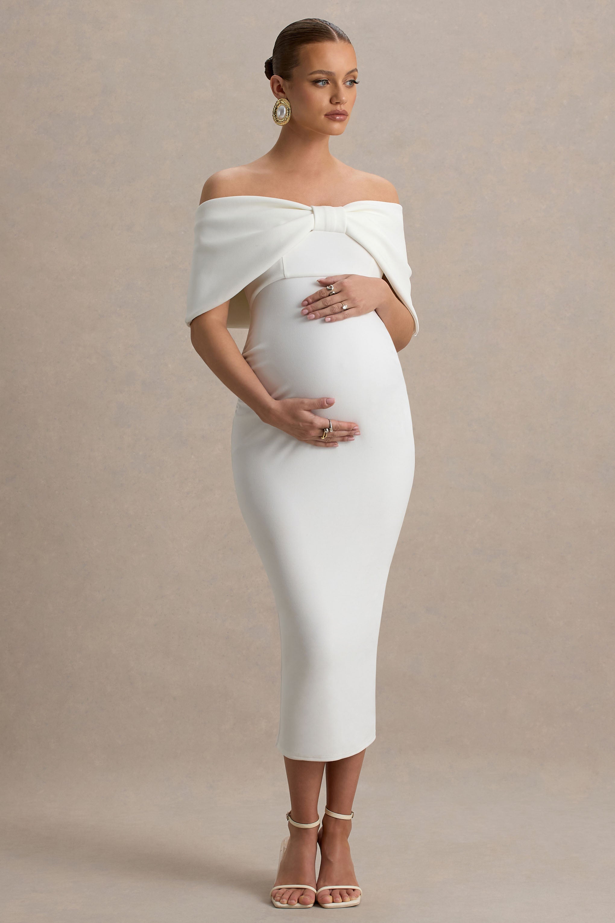 Droplet White Bow Bardot Maternity Midi Dress – front view