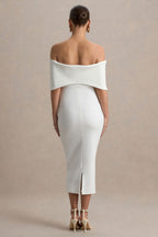 Droplet White Bow Bardot Maternity Midi Dress – lifestyle photo