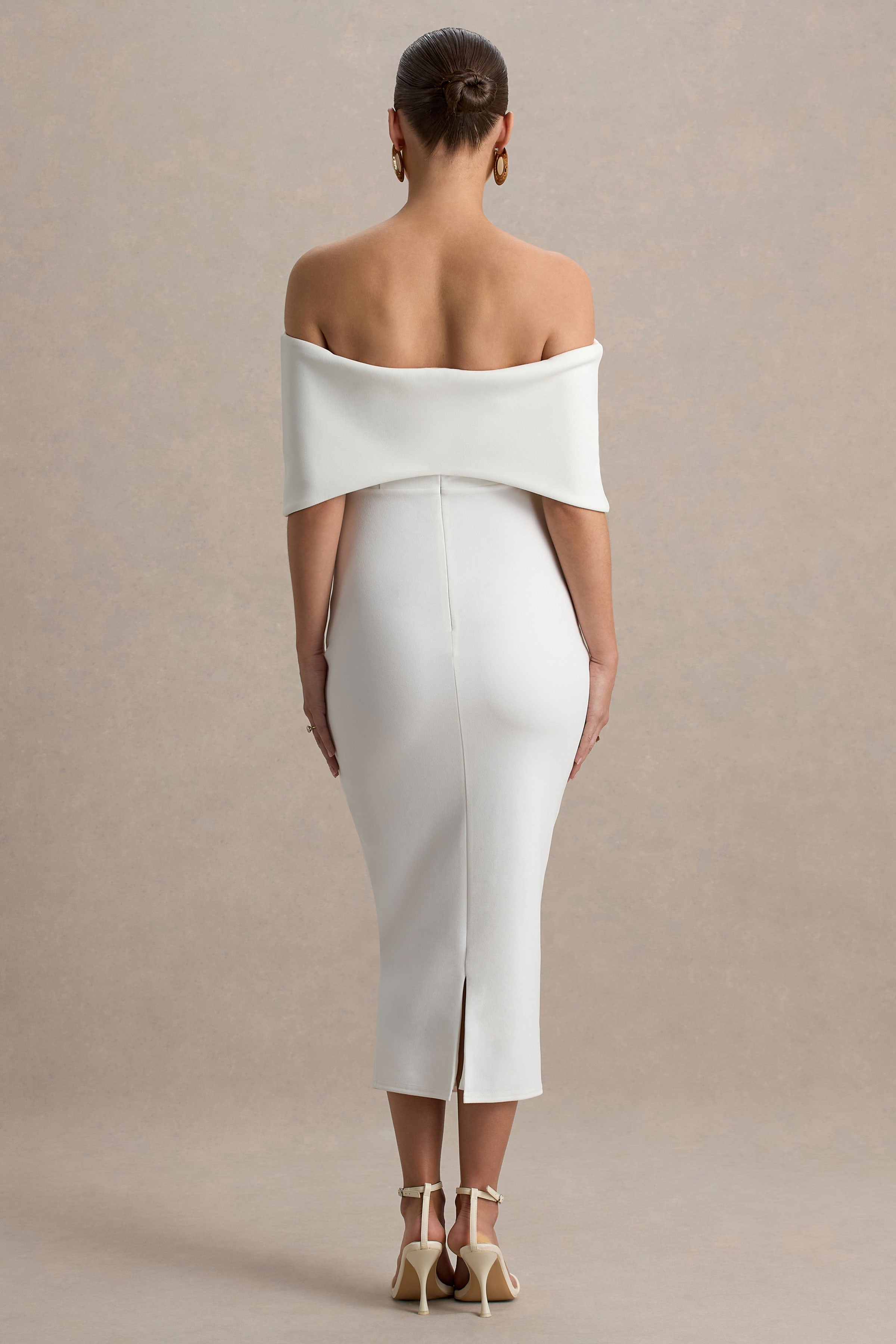 Droplet White Bow Bardot Maternity Midi Dress – lifestyle photo