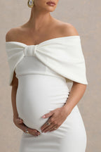 Droplet White Bow Bardot Maternity Midi Dress – detail shot