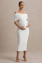 Droplet White Bow Bardot Maternity Midi Dress – side view
