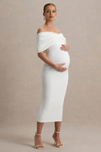 Droplet White Bow Bardot Maternity Midi Dress – back view
