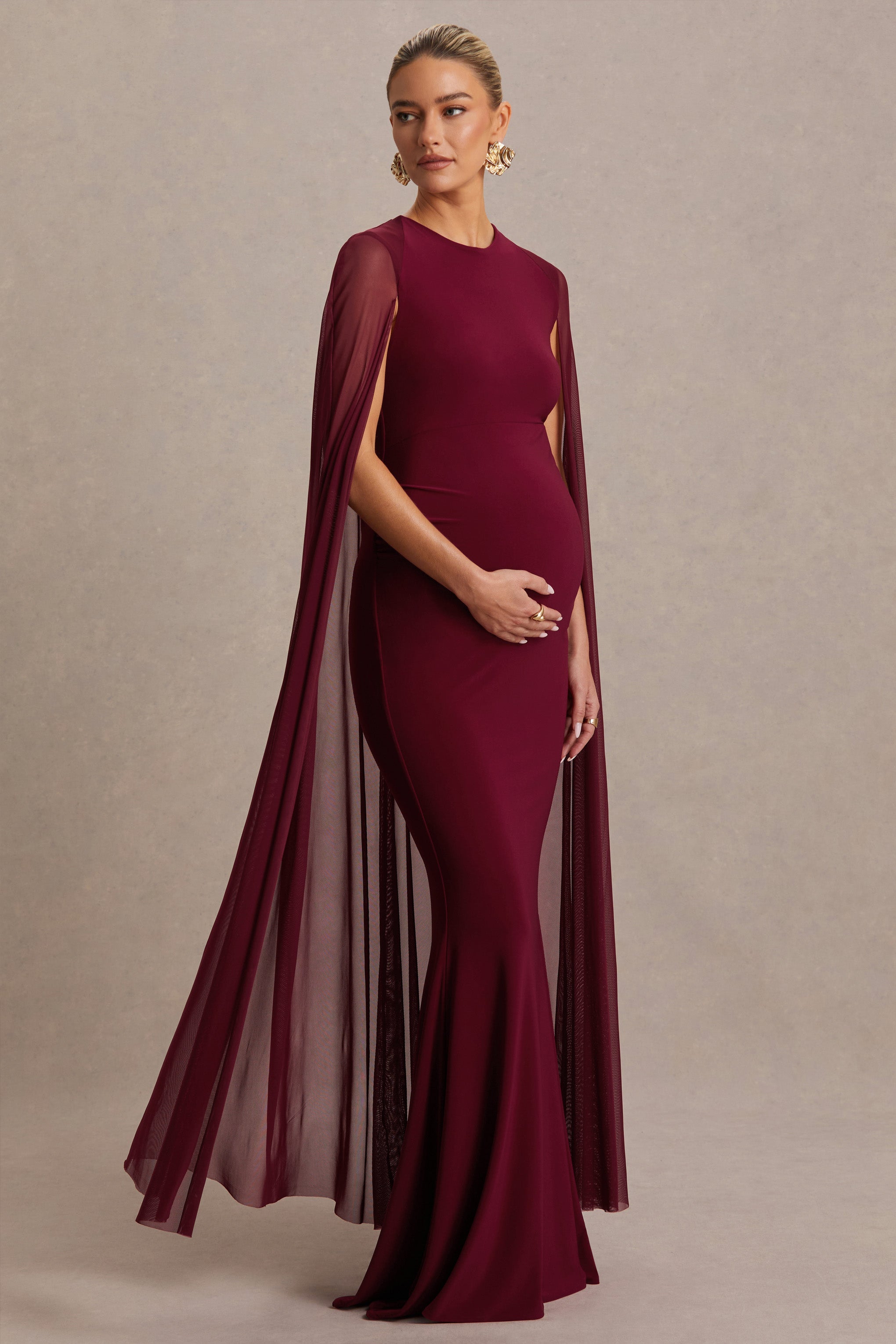 Currant Berry High-Neck Maternity Maxi Dress With Cape – front view